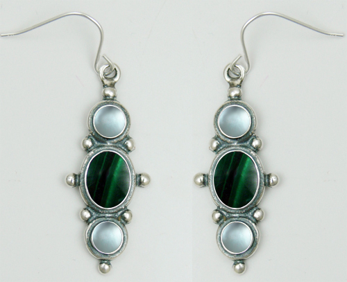 Sterling Silver Drop Dangle Earrings With Malachite And Blue Topaz